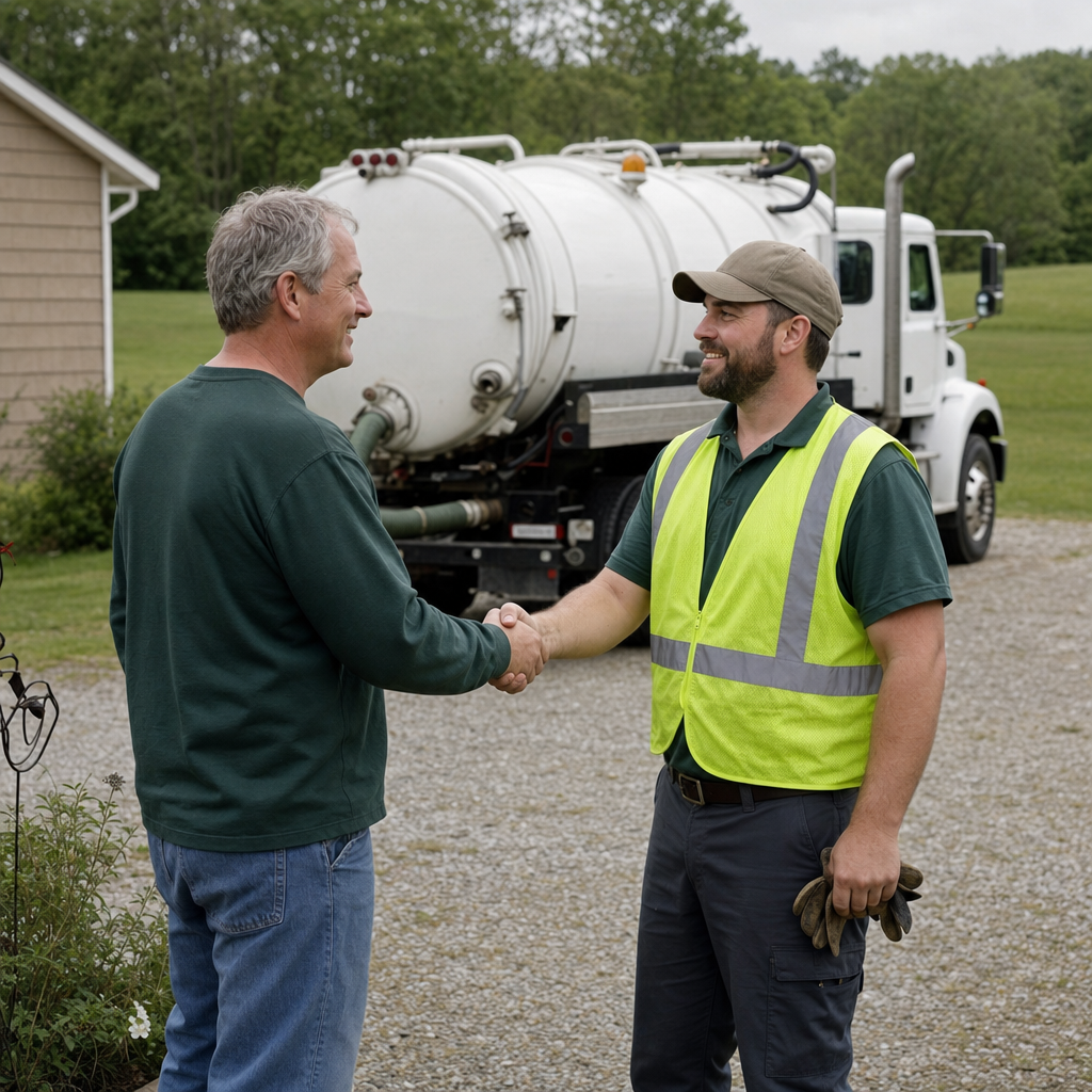 A septic technician shaking a Oak Lawn homeowner's hand beside the service truck after a completed pump-out