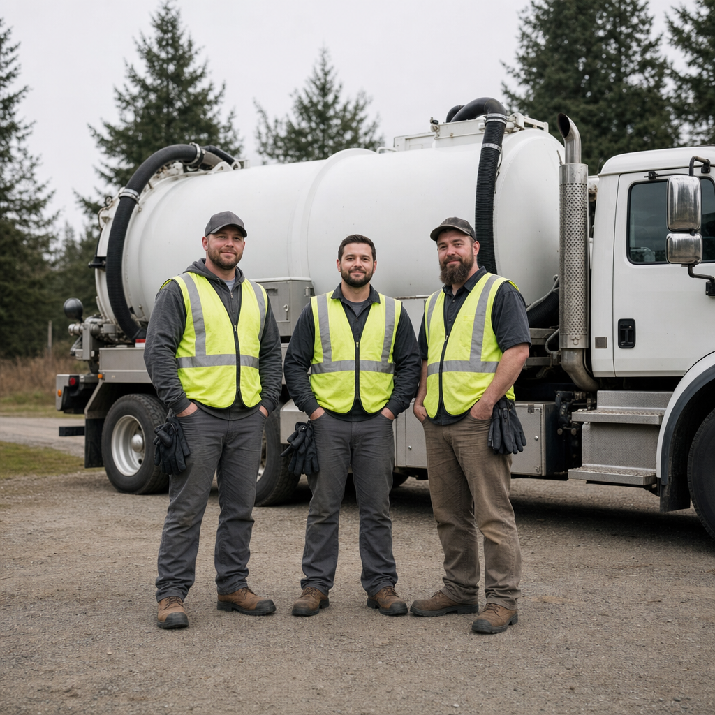 The Oak Lawn septic pumping crew standing together beside their clean white vacuum truck on a residential street