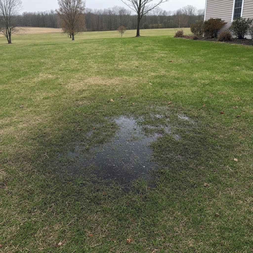 A dark, saturated wet spot in a Oak Lawn backyard lawn marking a failing cesspool at capacity
