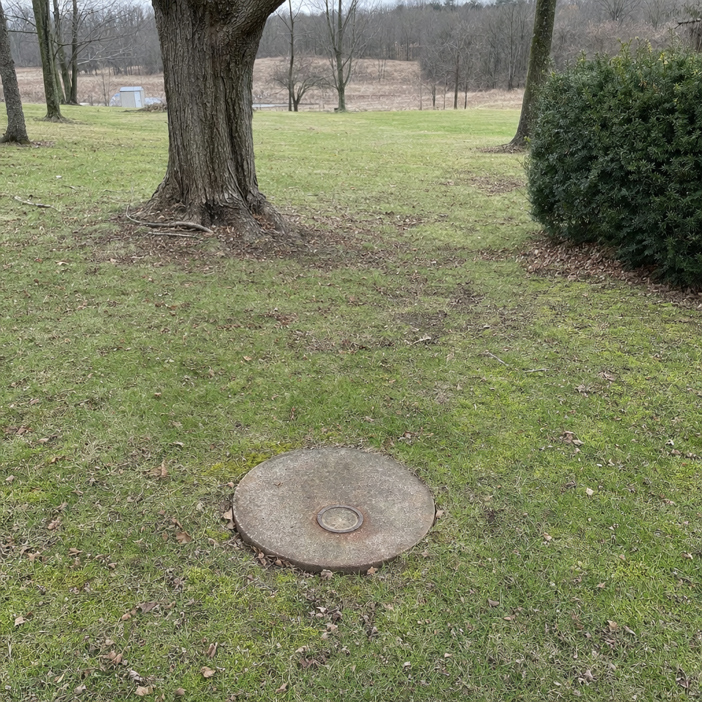 An older round cesspool access lid set flush in an established, mature Oak Lawn backyard lawn