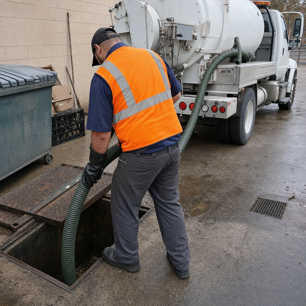 Technician pumping a grease trap behind a Oak Lawn restaurant