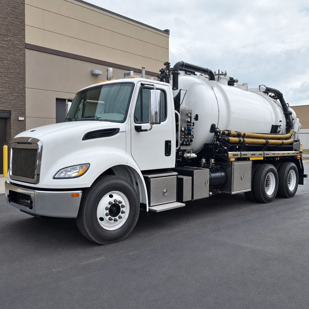 Commercial septic vacuum truck parked in a Oak Lawn business parking lot