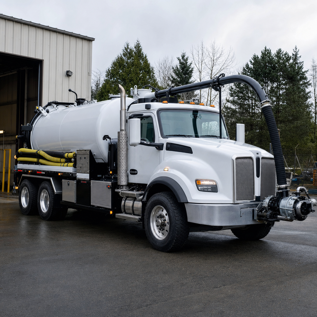 A clean white septic vacuum truck rolling out of a tidy Oak Lawn service depot at the start of the day
