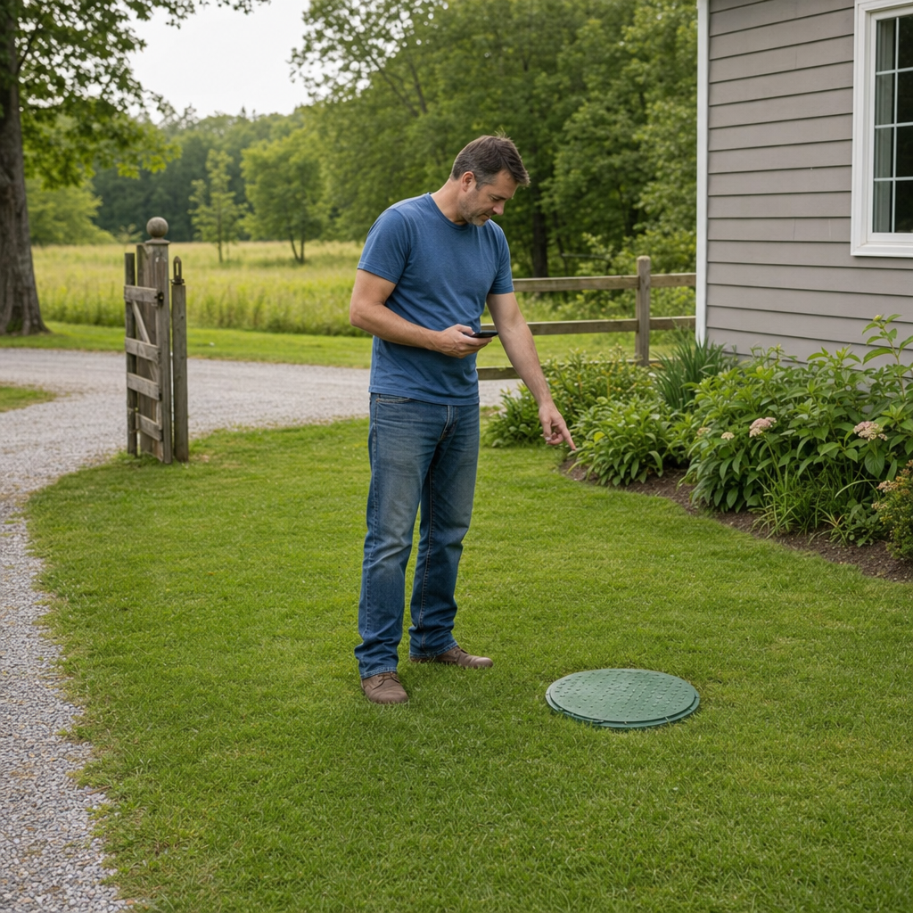 A Oak Lawn-area homeowner standing in the backyard noting where the septic tank lid and access route are located