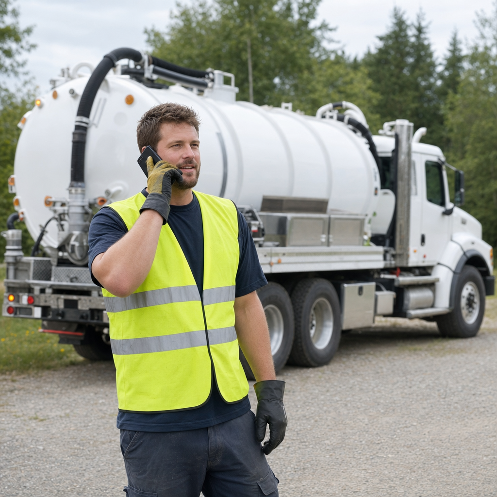 A friendly septic dispatcher holding a phone, ready to answer a Oak Lawn homeowner's call about a pump-out