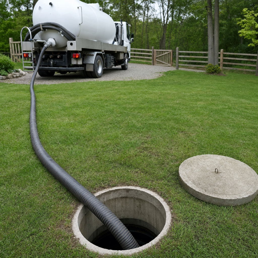 Suction hose connected to an open septic tank, drawing it down in a tidy Oak Lawn yard