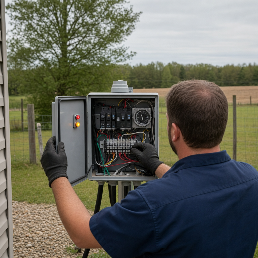 Technician checking an aerobic septic control box with a lit red high-water alarm during a same-day Oak Lawn visit