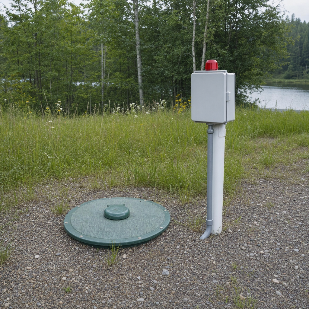 A wastewater holding tank access lid set in the ground at a rural Oak Lawn-area cabin, with a mounted high-level float alarm panel nearby