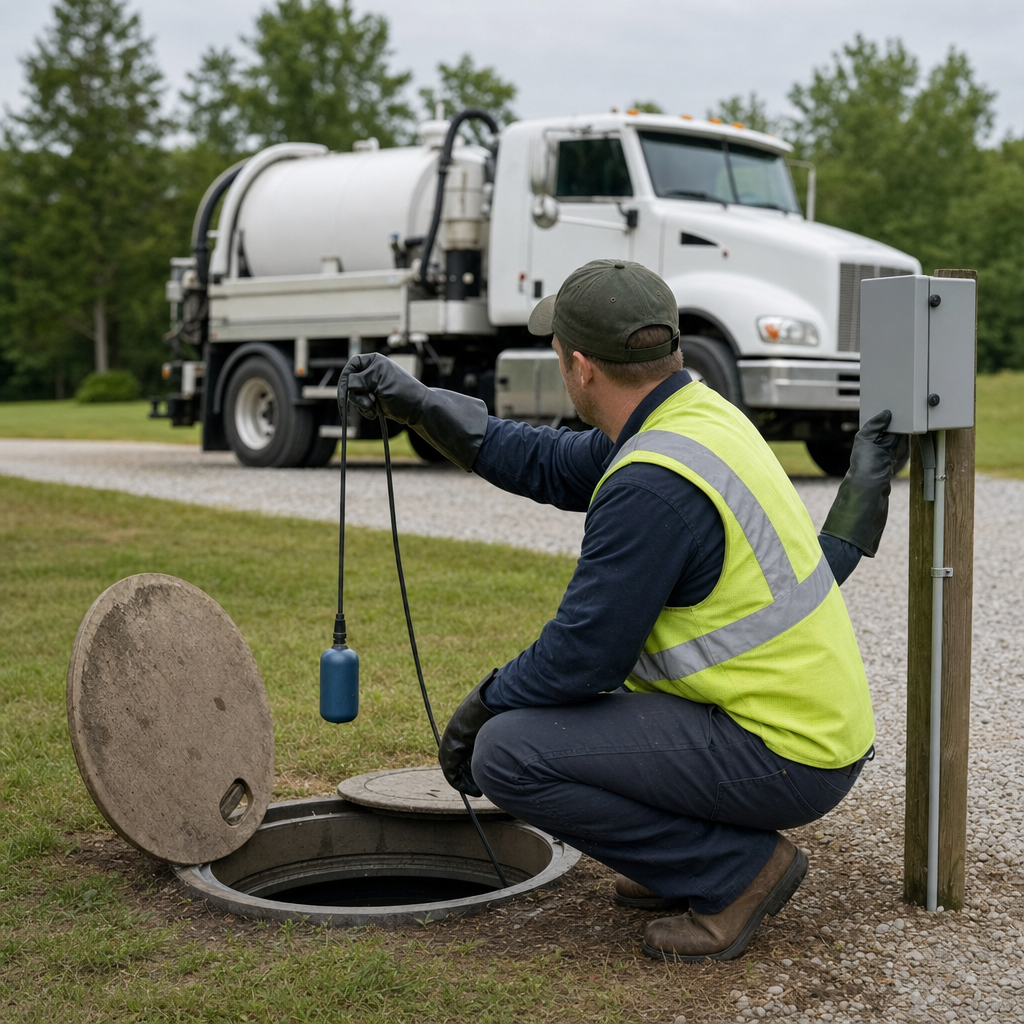 A septic technician in a high-visibility vest checking a high-level float switch and alarm panel on a holding tank at a rural Oak Lawn-area site