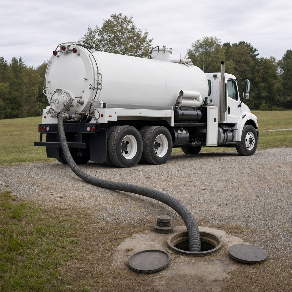 An unmarked white vacuum truck emptying a wastewater holding tank on a scheduled visit at a rural Oak Lawn-area property, thick suction hose running to the tank lid