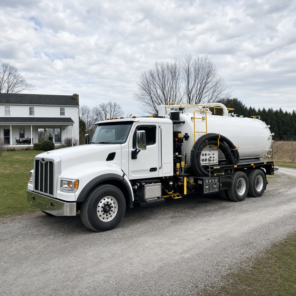 A clean white septic vacuum truck parked on a tidy Oak Lawn driveway with the suction hose neatly coiled