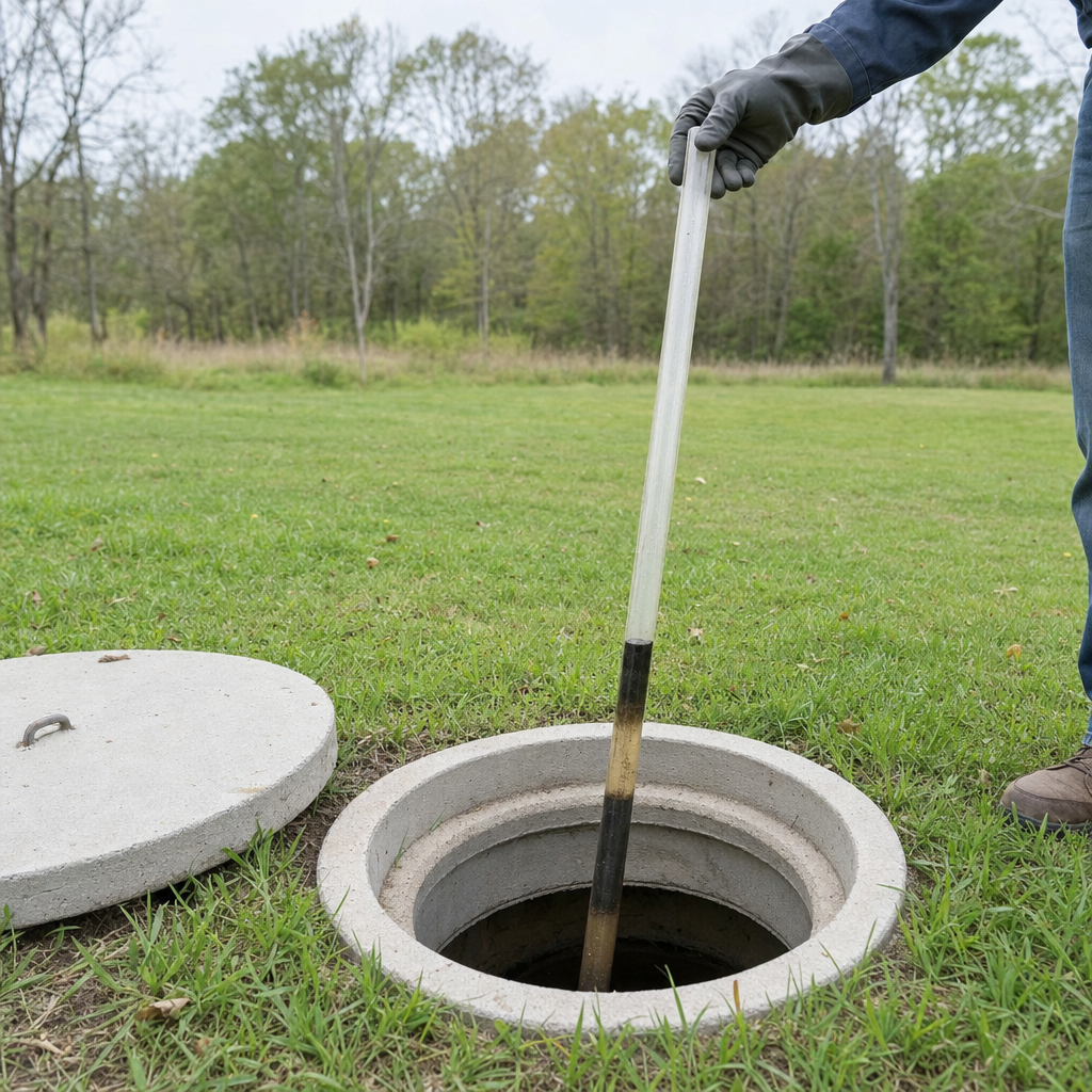 A septic sludge-judge measuring stick lowered into an open Oak Lawn septic tank to read the depth of the sludge and scum layers before deciding whether a pump-out is due