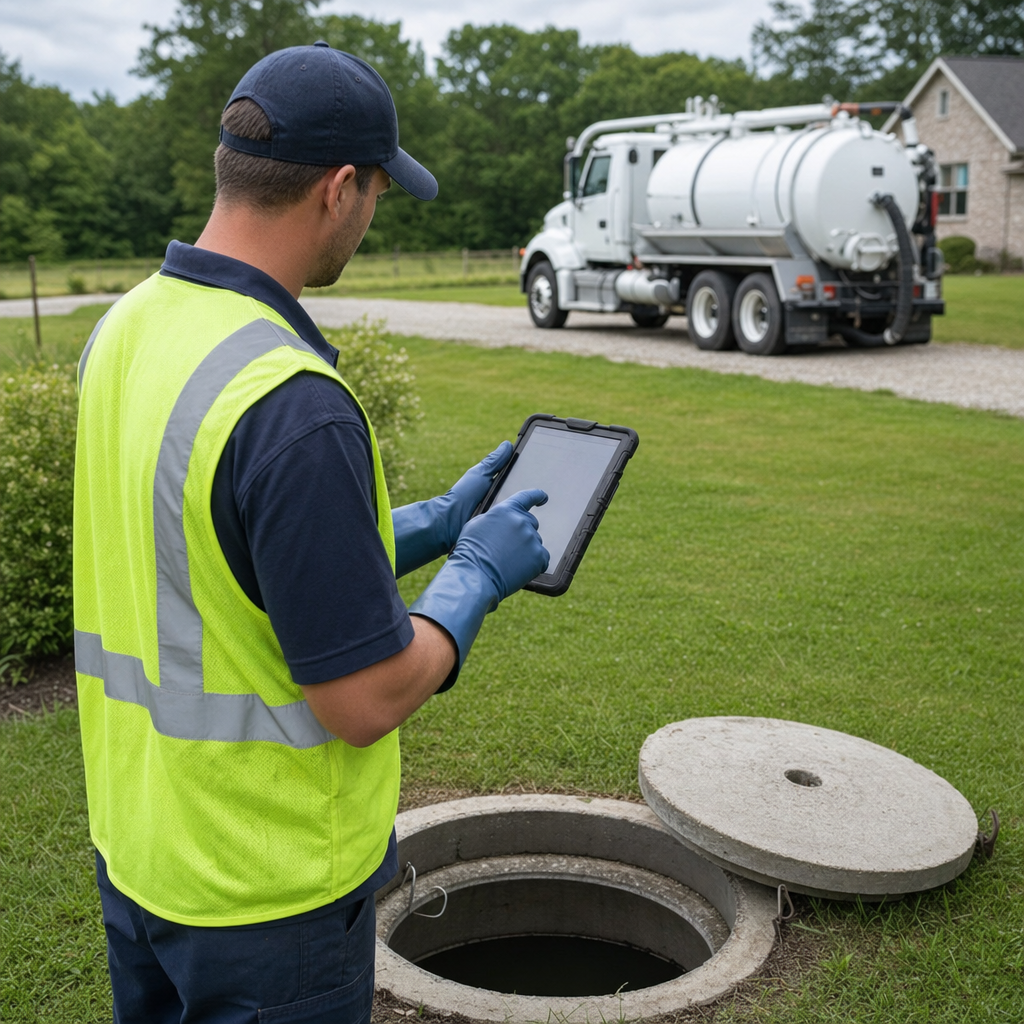 A septic technician recording a Oak Lawn home's pump-out date and tank condition on a tablet beside an open access lid, tracking the service history that sets the next due date
