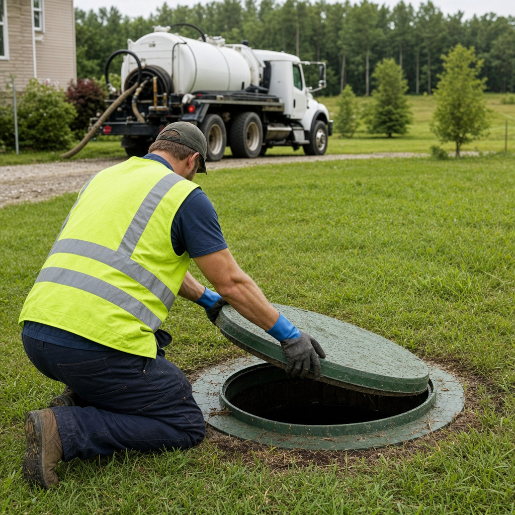 Septic technician kneeling on a Oak Lawn lawn, lifting the access lid on a residential septic tank