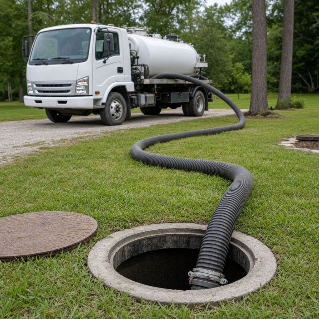 Thick ribbed suction hose lowered into a clean open septic tank port on a tidy Oak Lawn backyard lawn