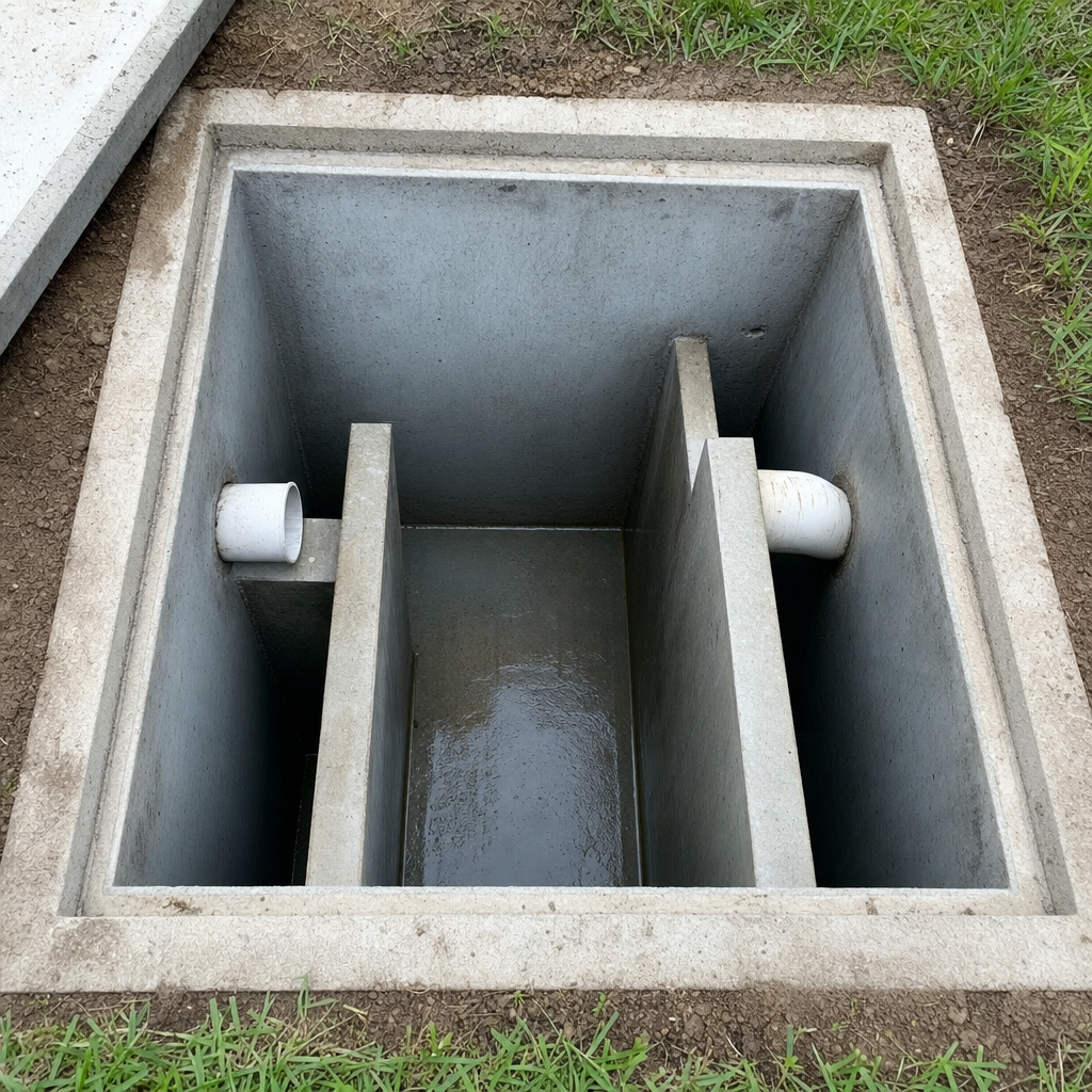 Inspection of the concrete baffles inside an open, emptied and freshly cleaned Oak Lawn septic tank