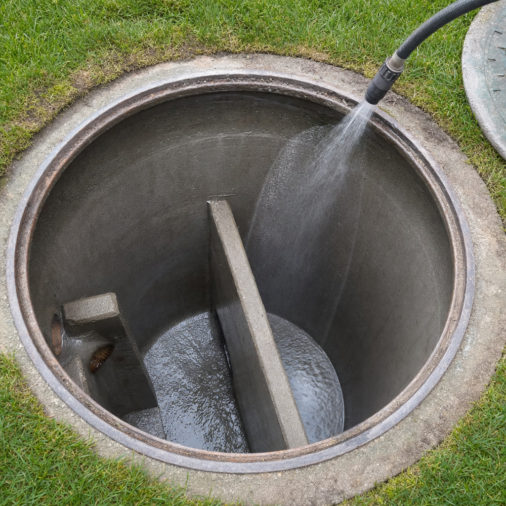 Interior concrete walls of an emptied Oak Lawn septic tank being rinsed clean with the truck's onboard water hose