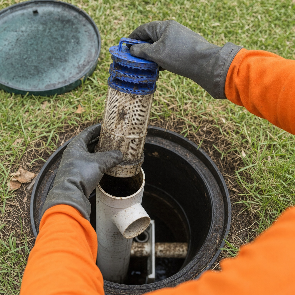 Septic technician's gloved hands lifting the effluent filter cartridge out of the outlet housing on a Oak Lawn septic tank