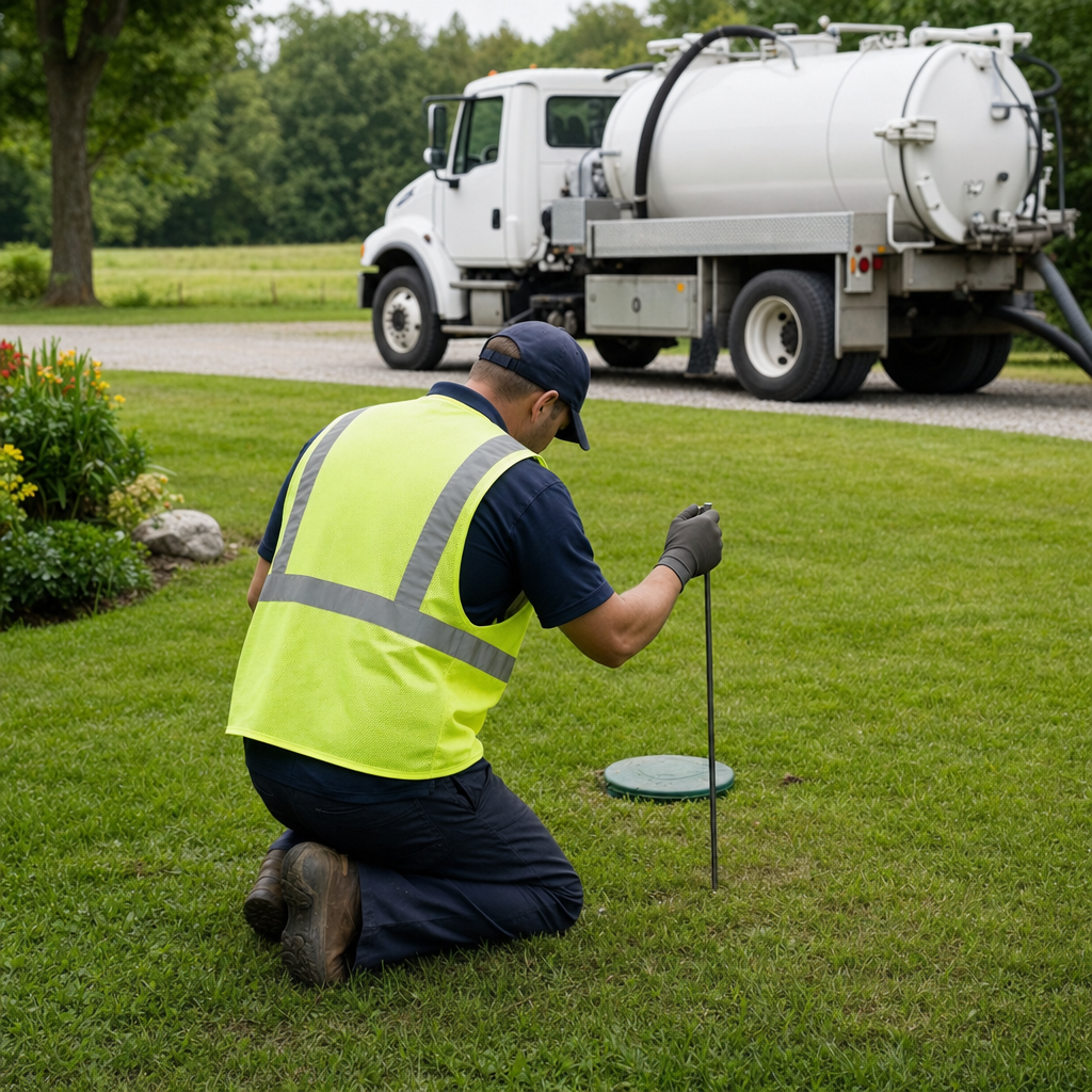 Septic technician kneeling on a Oak Lawn lawn, probing to locate and measure the depth of a buried septic tank lid before pumping