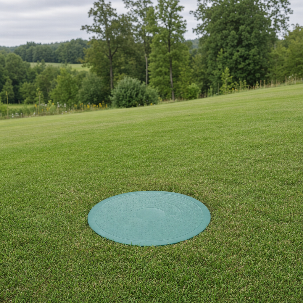 A newly installed septic riser bringing the tank lid up flush to grade in a Oak Lawn yard for easy future access