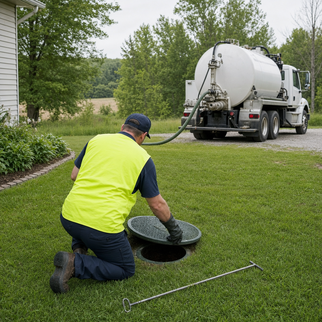 Septic technician kneeling on a Oak Lawn lawn, lifting the buried access lid on a residential septic tank