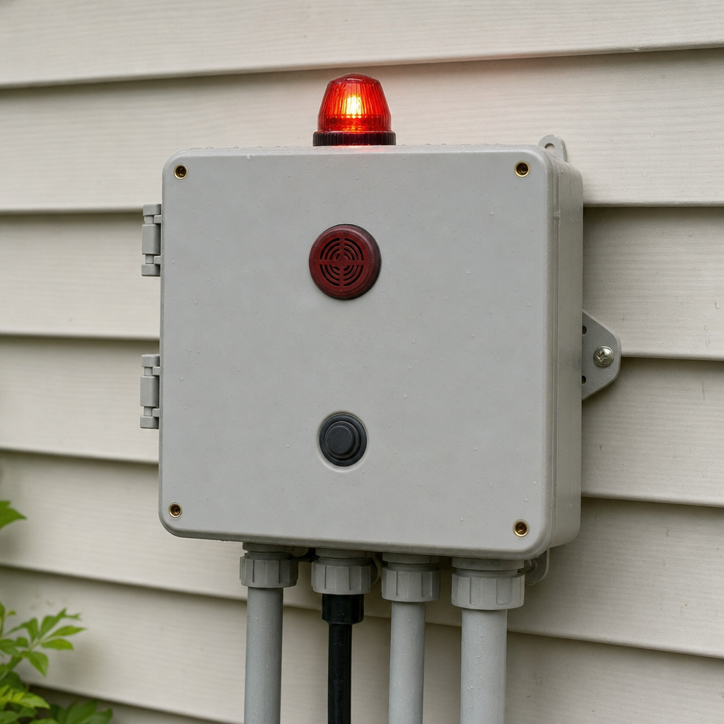 An aerobic septic system control panel mounted outside a Oak Lawn home with its red high-water alarm light lit