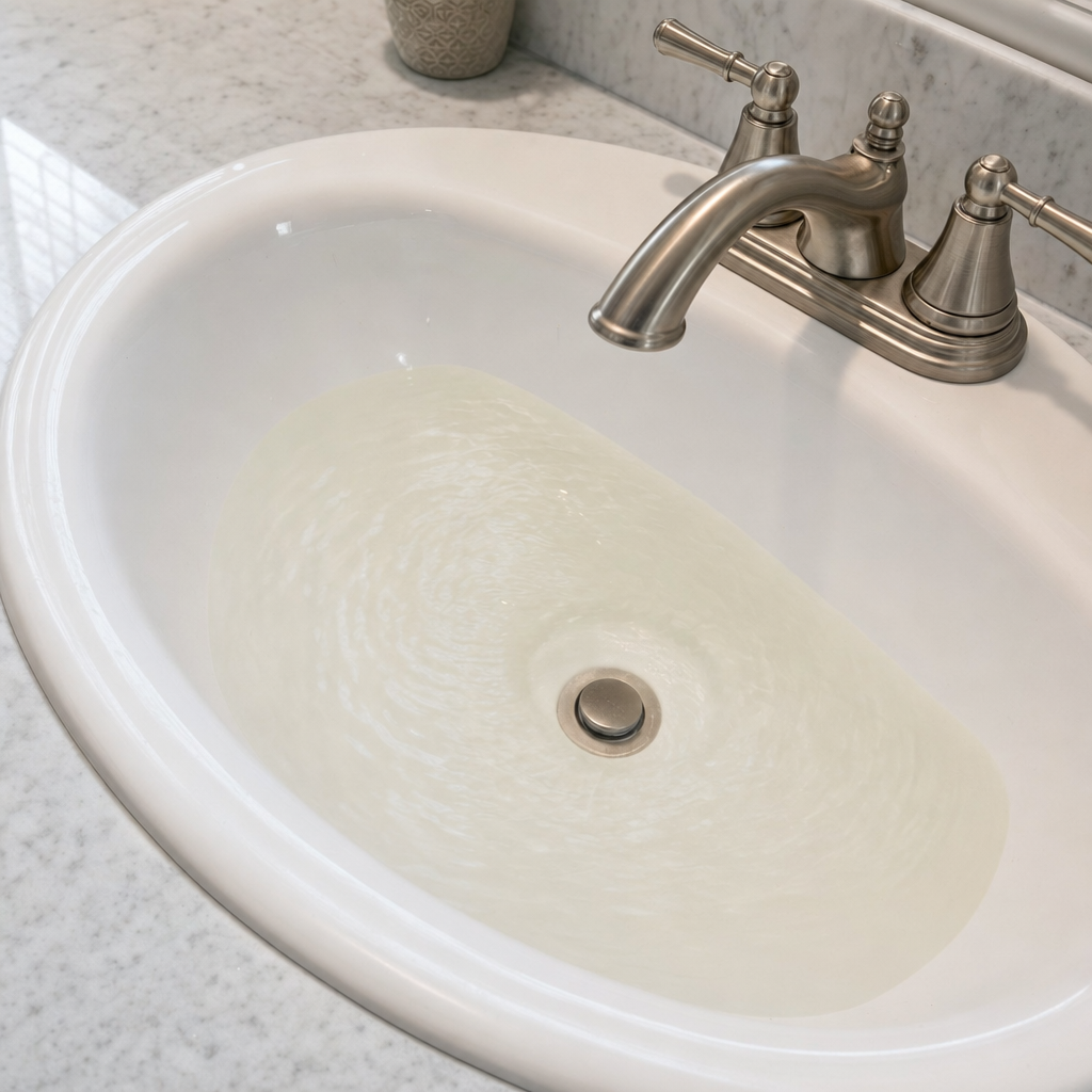 A bathroom sink draining slowly with water pooled in the basin, an early warning sign that a Oak Lawn septic tank is full
